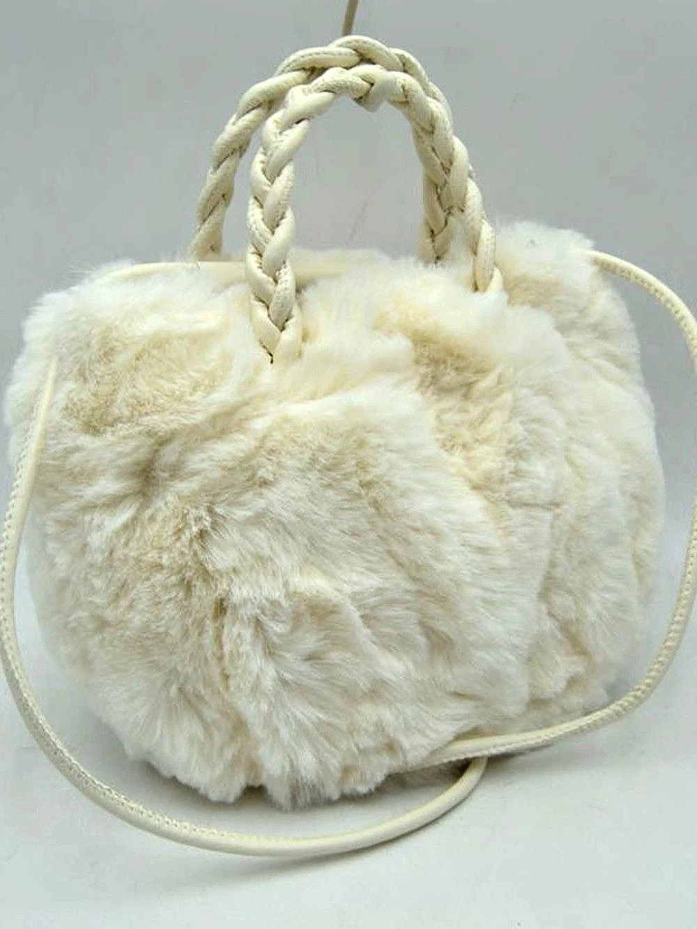 Faux Fur Top Handle Bag with Braided Strap White Bag